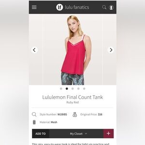 lululemon athletica Final Count Ruby Red Tank Top size 8 NWT